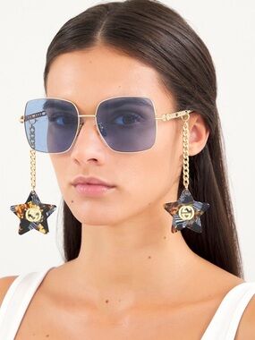 GUCCI 61mm Square Frame Sunglasses In Gold Blue Chain Star Pendant Drops GG0724S